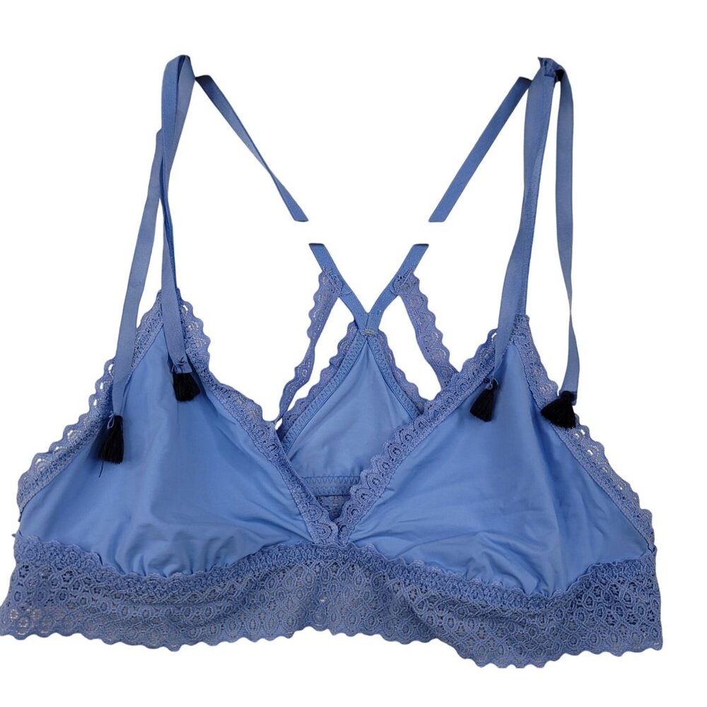 Aerie Blue Lace Trim Bralette With Tassels & Strappy Back Design Size M